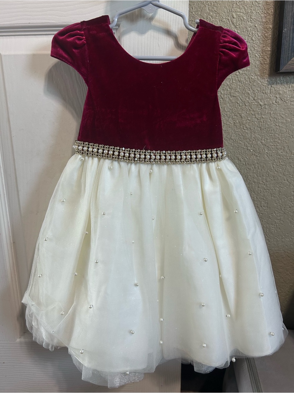 American Princess Burgundy and Ivory Pearl-Trim Velvet Party Dress